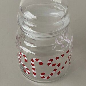 Red White Candy Cane Clear Glass w Lid Candy Cannister Jar 5 1/2" Tall